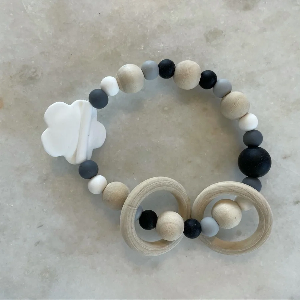 Natural wood and silicone rose beaded teether New